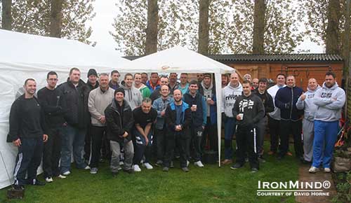 Poor weather was no challenge for the group gathered at David Horne&rsquo;s British Grip Championships and arm wrestling supermatch in Stafford, England.  IronMind&reg; | Photo courtesy of David Horne.
