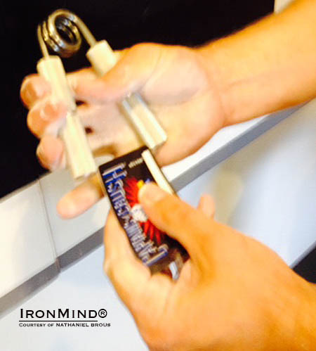 Legal start (above) and the final close (below): Nathaniel Brous has officially conquered the Captains of Crush No. 3 gripper.  IronMind&reg; | Photos courtesy of Nathaniel Brous