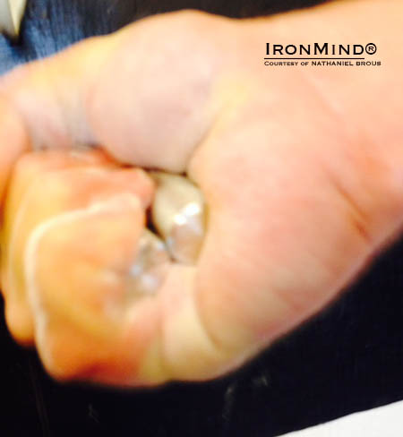 Legal start (above) and the final close (below): Nathaniel Brous has officially conquered the Captains of Crush No. 3 gripper.  IronMind&reg; | Photos courtesy of Nathaniel Brous