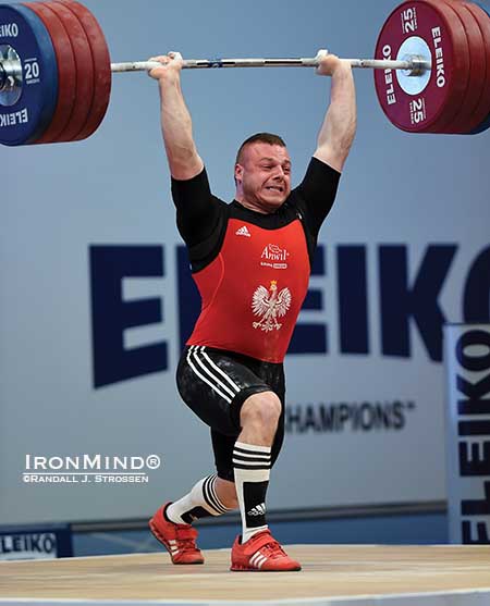 After making a solid clean, Adrian Zielinski missed the jerk on this 215-kg third attempt, but by then he had already won the snatch and total gold medals in the 94-kg class at the European Weightlifting Championships.  IronMind&reg; | Randall J. Strossen photo