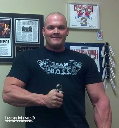 &ldquo;I hit grip pretty hard when training strongman,&rdquo; Brad Ardrey told IronMind, and proving that it works, the 6&rsquo; 2&rdquo; 270 lb. strongman competitor has just been certified on the Captains of Crush No. 3.5 gripper.  IronMind&reg; | Photo courtesy of Brad Ardrey.