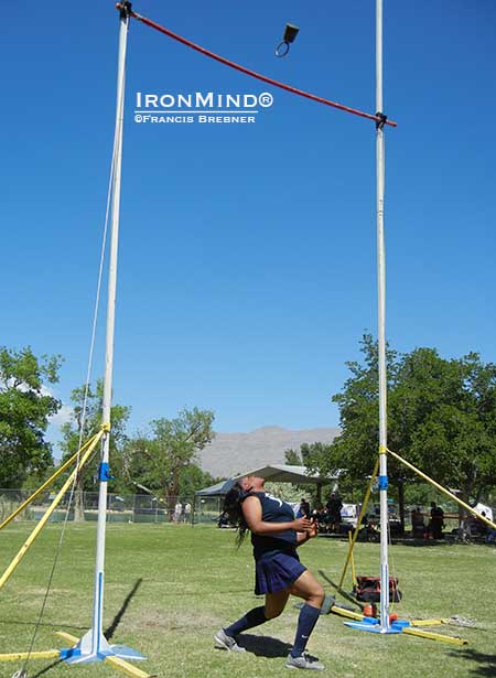 With the bar set at 19 feet, look at the height of Brittany Pryor&rsquo;s attempt and you can see why she&rsquo;s likely to be attacking the weight for height world record soon.  IronMind&reg; | &copy;Francis Brebner photo