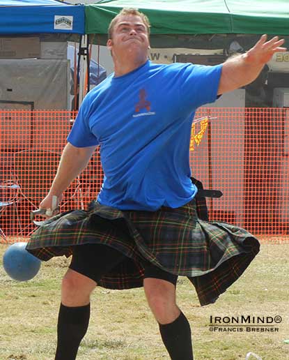 Dan McKim hit a personal best 46&rsquo; 6&rdquo; throw in the 56-lb. weight for distance, on his way to an overall victory at the 2013 Costa Mesa Highland Games.  IronMind&reg; | Photo by Francis Brebner.