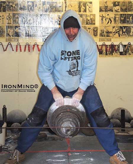 David Horne broke the world record on the adjustable two hands pinch grip device he developed and that has become a staple in the many grip strength contest he organizes and promotes.  IronMind&reg; | Photo courtesy of David Horne.