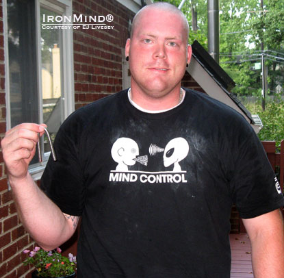 EJ Livesey is the latest man to make the Red Nail Roster, proving his worth as a short steel bender.  IronMind&reg; | Photo courtesy of EJ Livesey.