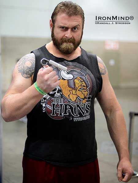 Although he&rsquo;s studying to be a nuclear medical technician, one wonders if there might not be a future in film or maybe professional wrestling for Evan Hansmann, shown here with the Captains of Crush No. 3 gripper he officially slammed shut yesterday.  IronMind&reg; | Randall J. Strossen photo