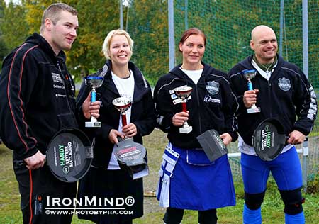 Here are the member&rsquo;s of the winning men&rsquo;s team and the winning women&rsquo;s team at the Finnish Highland Games Team Championships: (left to right) Niko Vesterinen, Anu Rytkönen, Niina Jumppanen and Janne Hartikainen.  IronMind&reg; | &copy;www.photobypiia.com