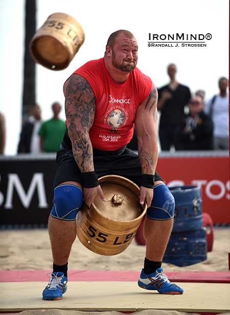 The fast firing human missile launcher Hafthor Julius Bjornsson triggered the next keg before the last one had landed in what was a world record performance at at the World’s Strongest Man contest yesterday. IronMind® | Randall J. Strossen photo The fast firing human missile launcher Hafthor Julius Bjornsson triggered the next keg before the last one had landed in what was a world record performance at at the World’s Strongest Man contest yesterday. IronMind® | Randall J. Strossen photo
