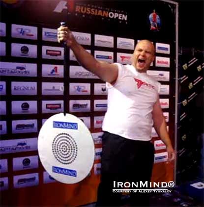 Igor Kupinsky clamped down on the Captains of Crush No. 3 gripper and held the CoC Silver Bullet in place for a whopping 54 seconds, a quick blink longer than old the world record.  IronMind&reg; | Courtesy of Alexey Tyukalov.