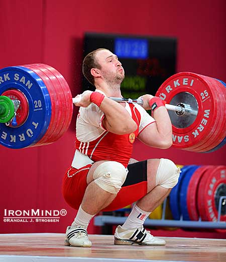 Alexandr Ivanov had missed the jerk on his second attempt (220 kg), but he moved up to 222 kg on his third attempt&mdash;in a bid to move into gold medal position at the 2013 World Weightlifting Championships&mdash;and he made a good lift.  IronMind&reg; | Randall J. Strossen photo