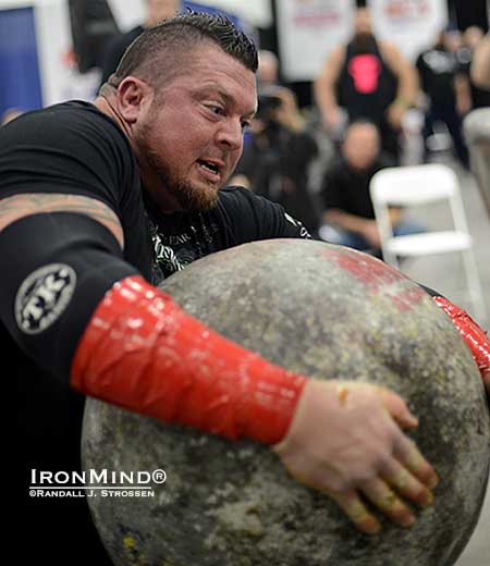 Shown working on the last stone in the last event, Jerry Pritchett finished with two event wins and took the title at the 2014 All American Strongman Challenge champion.  IronMind&reg; | Randall J. Strossen photo