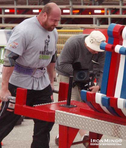 Jean-Francois Caron on his way to victory at the inaugural competition in Strongman Canada League&rsquo;s 2013 season.  IronMind&reg; | Photo courtesy of Jean-Francois Caron.