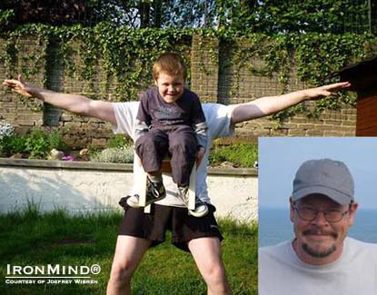 In the above picture Joefrey is teeth lifting his son, "showing that he has more than one trick up his sleeve.  I would be proud to teach my sons, Nils and Noé, what is mind and body strength about,&rdquo; he told IronMind.  Joefrey Wibrin is the latest man to be certified on the Captains of Crush No. 3 gripper.  40-years young, Joefrey stand 5&rsquo; 11&rdquo; tall and weighs 204 lb.  IronMind&reg; | Photo courtesy of Joefrey Wibrin.