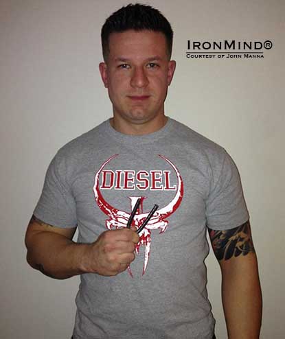 &ldquo;I&rsquo;m a commercial laundry equipment mechanic,&rdquo; John Manna told IronMind, &ldquo;so lower arm, wrist and grip strength are very important on a daily basis.&rdquo;  John has just been certified on the Red Nail, a benchmark short steel bend.  IronMind&reg; | Photo courtesy of John Manna