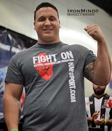 Professional arm wrestler Jonathan Hoffmann has been certified on the Captains of Crush No. 3 gripper.  IronMind&reg; | Randall J. Strossen photo