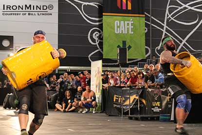 Karlo Briski (left) and Joel McLeod (right) in the Keg Race for SHSM under 105 kg.  IronMind&reg; | Photo courtesy of Bill Lyndon.