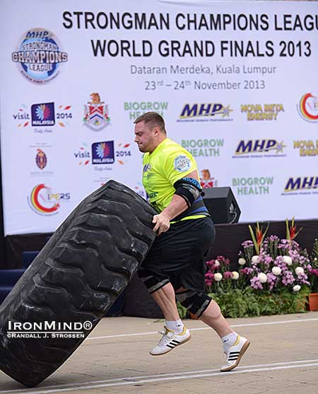 Krzysztof Radzikowski flew through the Tire Flip and finished off the SCL Grand Finale as the 2013 MHP Strongman Champions League World Champion.  IronMind&reg; | Randall J. Strossen photo