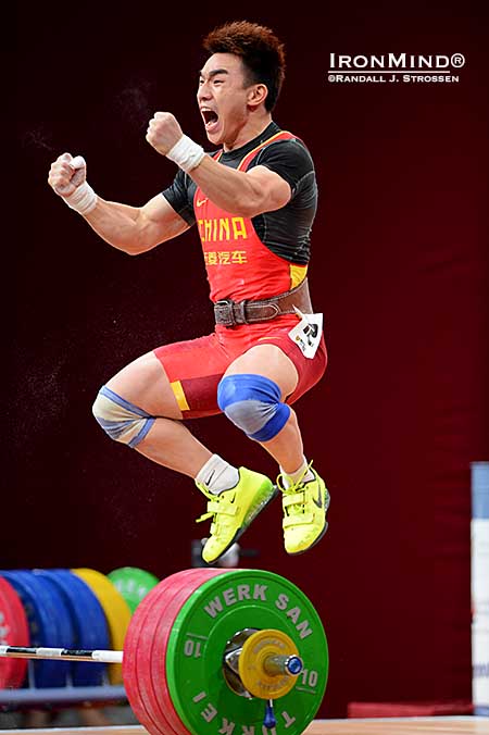 Celebrate!  Liao Hui swept the gold medals and ended the class with two world records.  IronMind&reg; | Randall J. Strossen photo