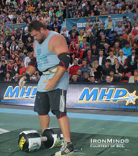 Coming off his strong performance at the World's Strongest Man contest last month, Mike Burke beat everyone but Zydrunas Savickas at the 2013 MHP Strongman Champions League&ndash;Russia competition.  IronMind&reg; | Image courtesy of SCL