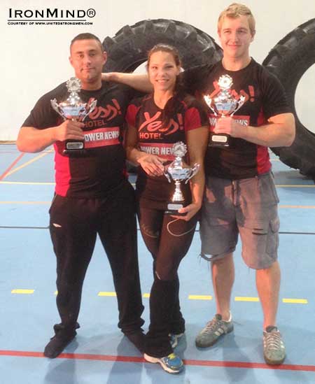 105-kg winner Bjornar Kvernstuen (left), women&acute;s champion Janne Grandalen-Flo (middle) and -90kg champion Andreas Valand (right).  IronMind&reg; | &copy;www.unitedstrongmen.com