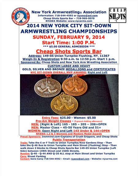 For 37 years, New York Armwrestling Association (NYAWA) has been dedicated to producing the best in armwrestling, and on February 9th the NYAWA will host the NYC Sitdown Armwrestling Championships at Cheap Shots Sports Bar in Flushing.  IronMind&reg; | Artwork courtesy of NYAWA