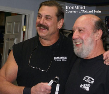 Richard Sorin (left) and Will Millman (right) take a moment to catch their breath on a big, big day in the rarified world of grip history: Richard Sorin proved again today why he's the big dog of the grip world, and Will Millman made the historic call with unquestionable accuracy. IronMind® | Photo courtesy of Richard Sorin. Richard Sorin (left) and Will Millman (right) take a moment to catch their breath on a big, big day in the rarified world of grip history: Richard Sorin proved again today why he's the big dog of the grip world, and Will Millman made the historic call with unquestionable accuracy. IronMind® | Photo courtesy of Richard Sorin.