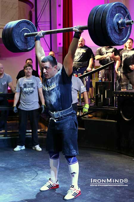 Valdas Kazakevicius, the inaugural United Strongmen 105-kg Men&rsquo;s Strongman world champion, set their world record on the IronMind Apollon&rsquo;s Axle Overhead Lift with this 160-kg success.  IronMind&reg; | Photo courtesy of United Strongmen/www.photobypiia.com
