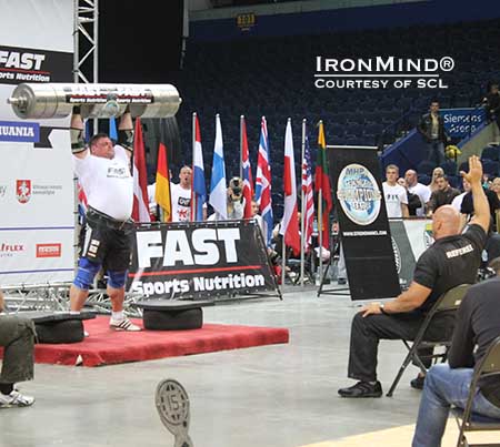Long has Zydrunas Savickas dominated the log lift, and yesterday he pushed the world record to 222.5 kg.  IronMind&reg; | Courtesy of SCL.